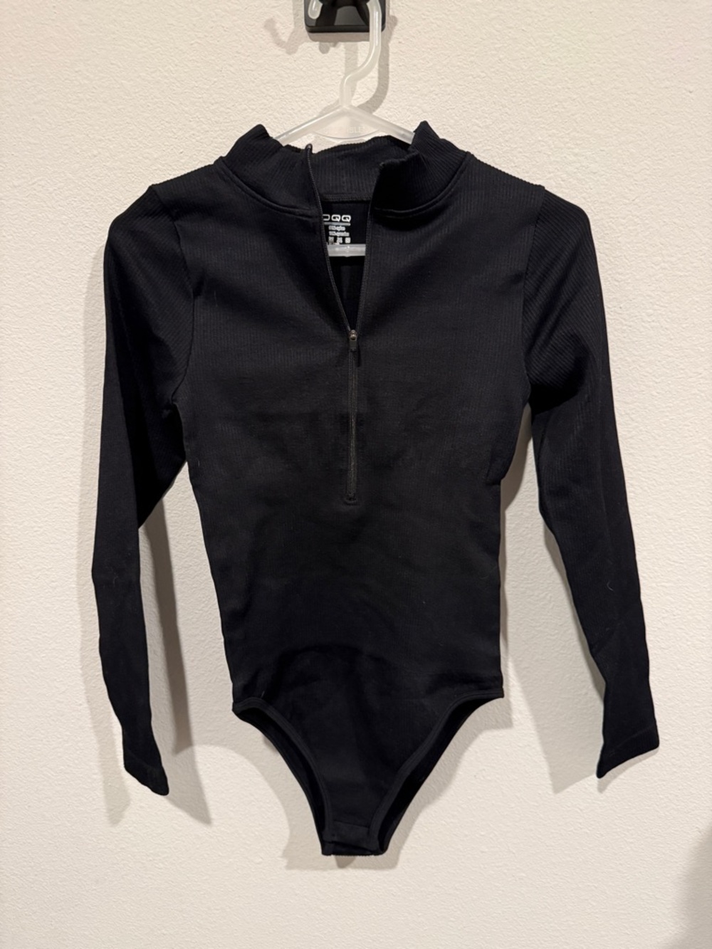 OQQ Long Sleeve Black Bodysuit with Zip Front - Women Tops - Picture 2 of 3